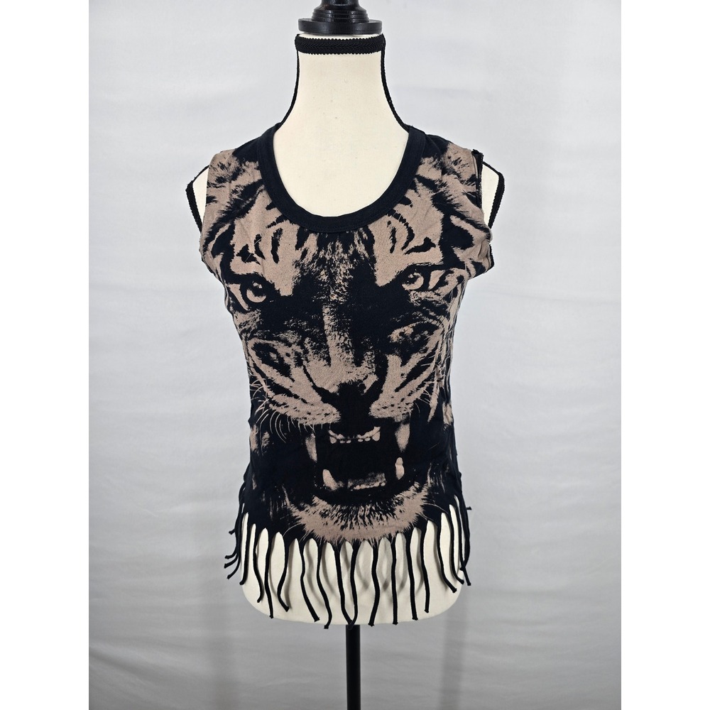 Abbey Dawn Avril Lavigne Tiger Face Fringe Tank Top Black Tan Small Junior